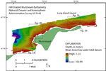 Thumbnail image of figure 13 and link to larger figure. A map showing hill-shaded multibeam bathymetry obtained during National Oceanic and Atmospheric Administration survey H11445. Warmer colors are shallower areas and cooler colors are deeper areas. Boxes show locations of figures 14, 16, 18, and 20.