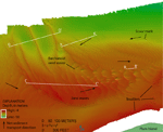 Thumbnail image of figure 16 and link to larger figure. An illustration showing detailed multibeam bathymetry of sand waves on the shoal north of Plum Island. Wave asymmetries indicate counter-clockwise net sediment transport maintains the shoal. Boulders are present near the shore. Location of image shown in figure 13.