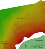 Thumbnail image of figure 18 and link to larger figure. An illustartion showing detailed multibeam bathymetry image of boulders north of Plum Island, which are part of the Harbor Hill-Roanoke Point-Charlestown-Buzzards Bay moraine. Location of image shown in figure 13.