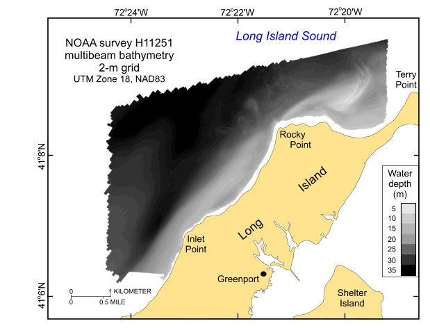 Thumbnail image showing the 2-m gridded multibeam bathymetry collected during NOAA survey H11251 in UTM Zone 18, NAD83