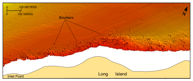 Figure 18. An illustration showing bathymetry the bouldery sea floor along the shoreline in the vicinity of Inlet Point.