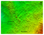 Thumbnail image of figure 17 and link to larger figure. Detailed planar view of the bouldery sea floor off Rocky Point from the digital terrain model produced during National Oceanic and Atmospheric Administration survey H11251.