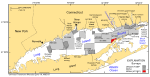 Thumbnail image of figure 1 and link to larger figure. A map of the location of bathymetric and backscatter surveys completed in Long Island Sound.
