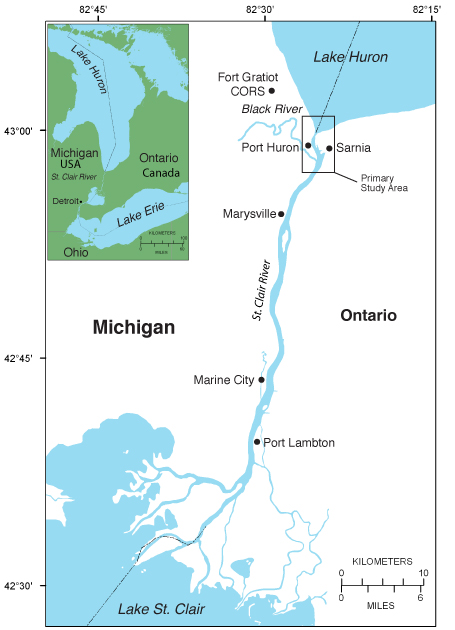 Figure 1, location map showing the St. Clair River and the USGS study area.