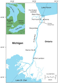 Thumbail image for Figure 1, showing location of the St. Clair River, and link to larger image.