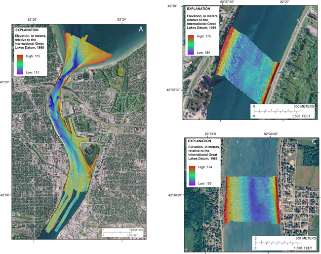Figure 6, Color-shaded relief images of the bathymetry collected by the USGS within the St. Clair River
