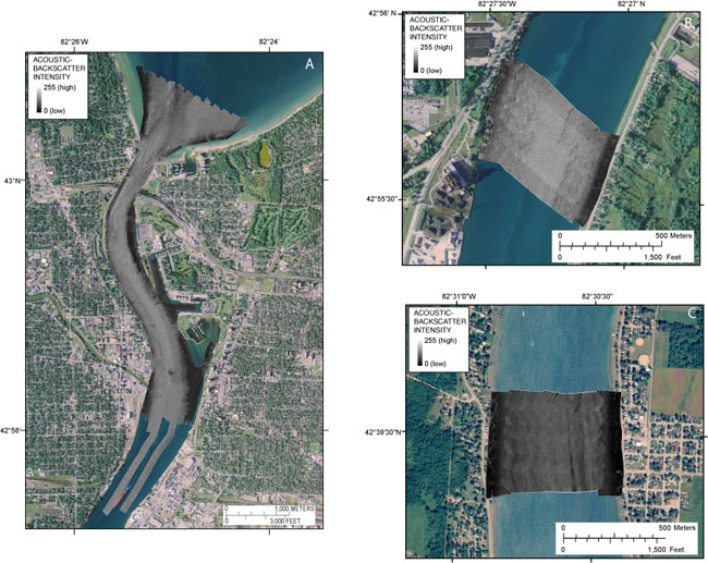 Figure 7, Map showing acoustic backscatter collected by the USGS within the St. Clair River
