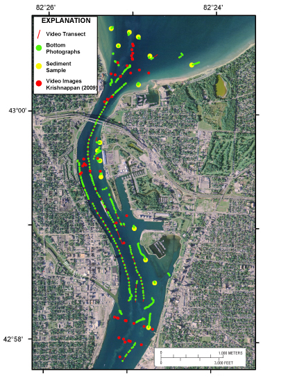 Figure 9, Map showing the location and tracklines of video drifts, bottom photographs and samples collected by the USGS within the St. Clair River