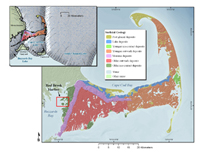 Figure 3:  Map showing the surficial geology of Cape Cod, with inset map showing surficial geology superimposed on the southern-most extent of the Laurentide ice sheet (from Oldale, 1992).