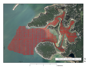 Figure 5:  Map showing bathymetry and backscatter survey tracklines for the USGS geophysical survey of Red Brook Harbor, MA.