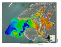 Figure 7:  Map showing a color-shaded relief image of the bathymetry of Red Brook Harbor, MA. Bathymetric soundings were collected with a Systems Engineering Assessment (SEA, 2010) SWATHplus interferometric sonar system. Depths are reported in meters and range from 0 to 10.3 meters.