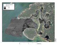 Figure 8:  Map showing backscatter intensity recorded with a Systems Engineering Assessment (SEA, 2010) SWATHplus interferometric sonar system during the USGS geophysical survey of Red Brook Harbor, MA. Low backscatter values are represented by dark tones, while high backscatter returns are shown by lighter tones.