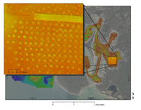 Figure 12:  Inset map showing a large-scale view of the buoy blocks and surrounding scour in the inner portion of Red Brook Harbor. The inset map features a color-shaded relief image of the bathymetry that was recorded with a Systems Engineering Assessment (SEA, 2010) SWATHplus interferometric sonar system during the USGS geophysical survey of Red Brook Harbor, MA.