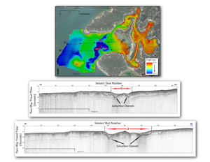 Figure 15:  Map showing two seismic survey tracklines overlying a color-shaded relief image of Red Brook Harbor bathymetry. Both tracklines (A and B) were run from west to east. Corresponding seismic profiles show subsurface channels underlying the present-day channel floor. The x-axis in the seismic profiles is shown in shot points, and the y-axis is two-way travel time in seconds.