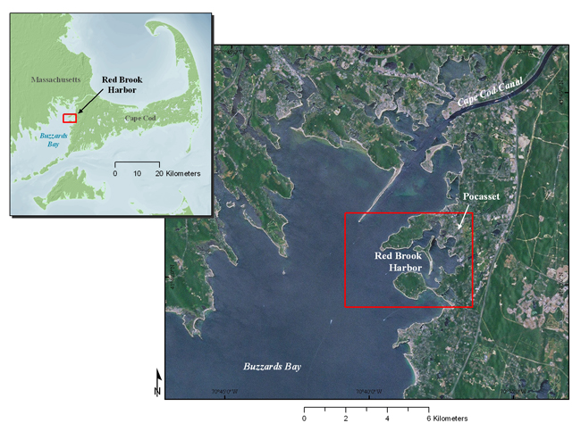 Figure 1:  Map showing the location of the U.S. Geological Survey geophysical survey of Red Brook Harbor, MA.