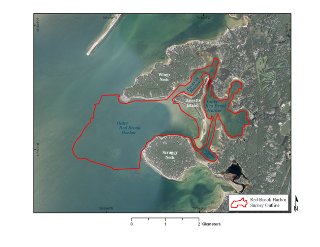 Figure 4:  Map showing the present day setting of Red Brook Harbor. Bassets Island divides the harbor into an outer and inner harbor. The outer harbor is approximately 10 meters deep, while the inner harbor averages approximately two meters in depth. The inner harbor is a popular moorage for small-draft vessels due to a channel that is dredged to three meters.