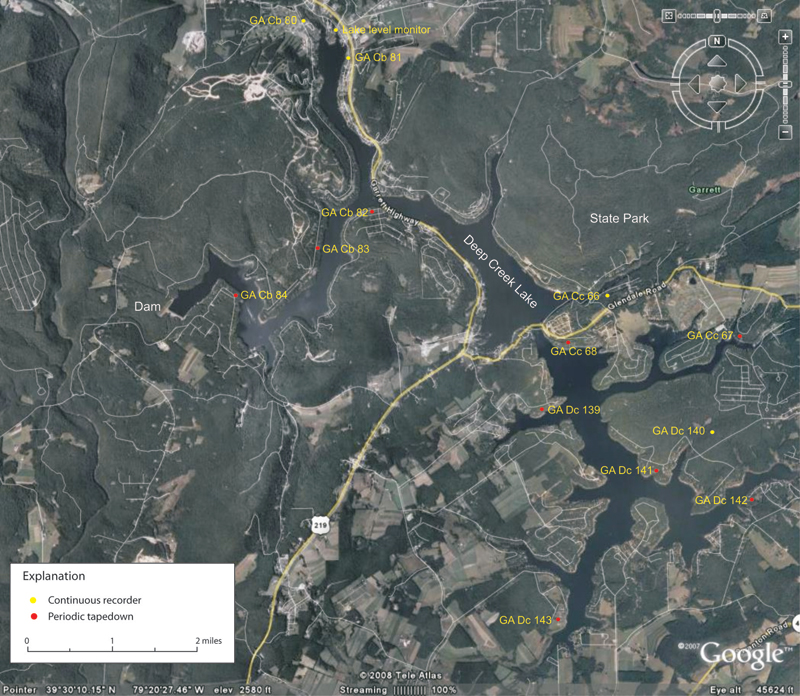 Location of instrumented wells,
periodically-measured wells, lake level monitor and other features at 
Deep Creek Lake in Garrett County,  Western Maryland.