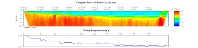 EarthImager thumbnail JPEG image of line 12, file 2 resistivity and temperature profile with repaired bathymetry.