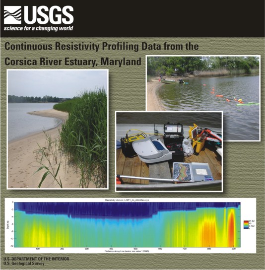 Report cover art showing photographs of the shoreline of the Corsica River, the resistivity array behind the boat pulled onto shore, the equipment setup in the boat, and a sample JPEG of a continuous resistivity profile.