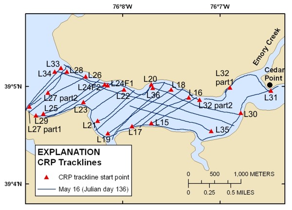 Trackline map of processed CRP lines collected in the Corsica River Estuary on May 16, 2007. Line names provide hotlinks to the JPEG profiles. 