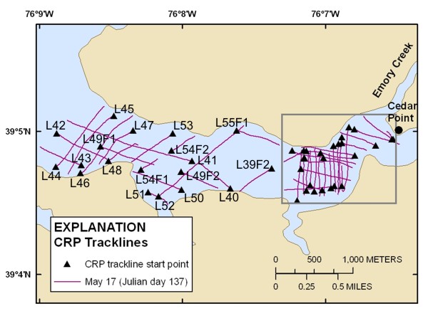 Part A of a trackline map of processed CRP lines collected in the Corsica River Estuary on May 17, 2007. Line names provide hotlinks to the JPEG profiles. 