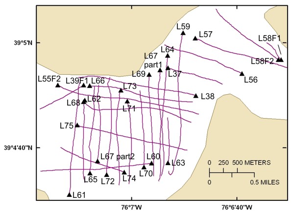 Part B of a trackline map of processed CRP lines collected in the Corsica River Estuary on May 17, 2007. This map is zoomed in to an area of tightly spaced tracklines present in the part A map. Line names provide hotlinks to the JPEG profiles.