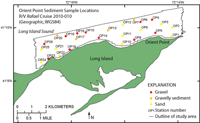 Thumbnail image showing the locations of sediment data collected during R/V RAFAEL cruise 2010-010 in Long Island Sound, north of Orient Point, New York