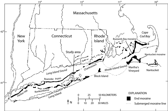 Figure 2. A map showing moraines in southern New England and New York.