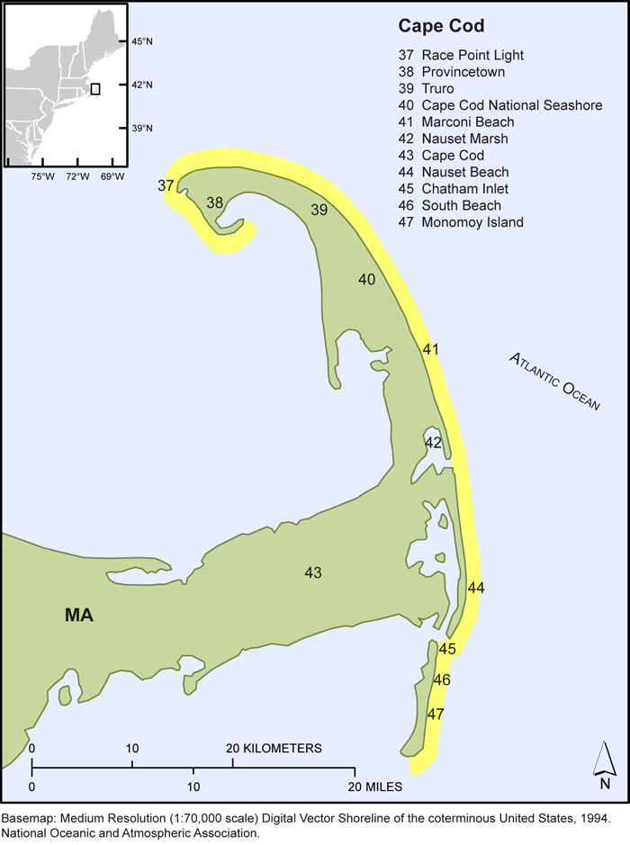 Thumbail image for Figure 3, map of the Cape Cod, Massachusetts shorelines, and link to full-sized figure.