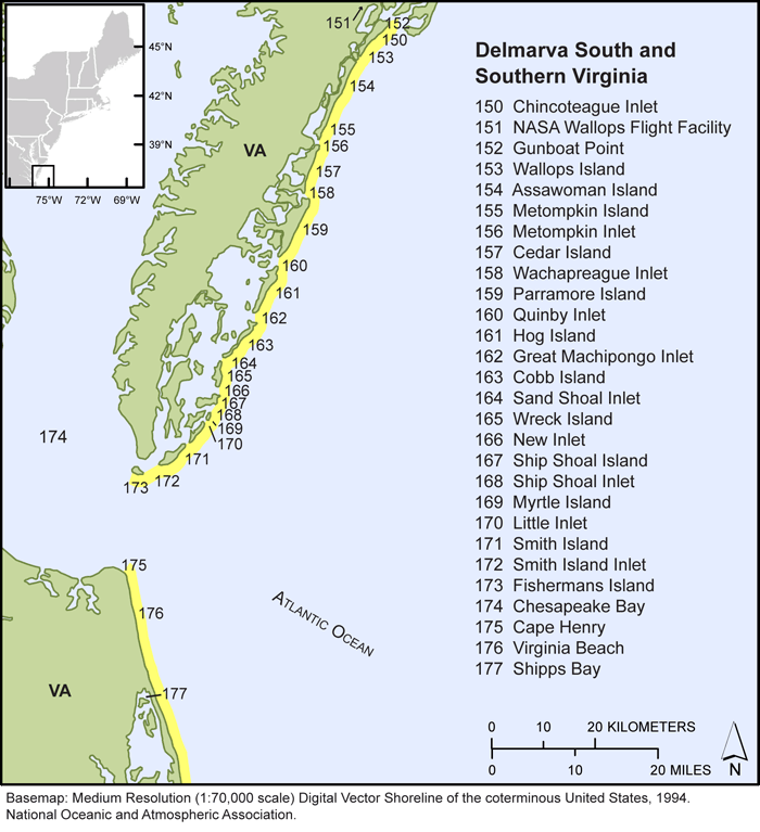 Thumbail image for Figure 10, map of the southern Virgina shorelines, and link to full-sized figure.