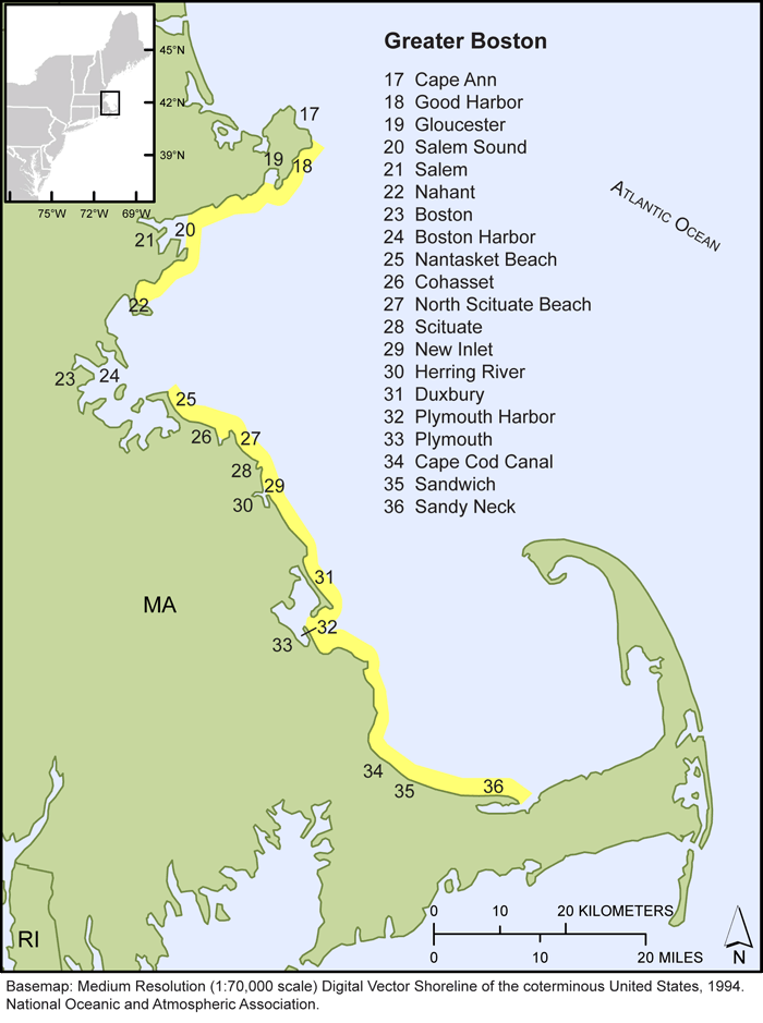 Thumbail image for Figure 2, map of the Boston, Massachusetts shorelines, and link to full-sized figure.