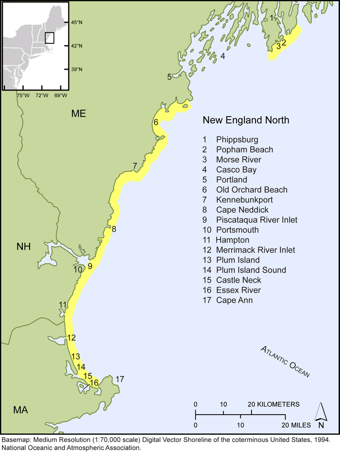 Thumbail image for Figure 1, map of the New England shorelines, and link to full-sized figure.