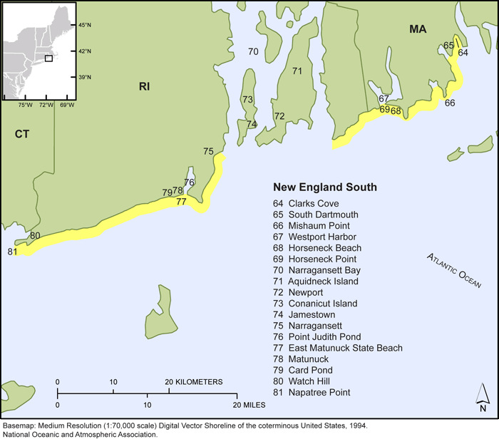 Thumbail image for Figure 5, map of the  Southern New England shorelines, and link to full-sized figure.