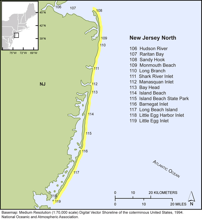 Thumbail image for Figure 7, map of the northern New Jersey shorelines, and link to full-sized figure.