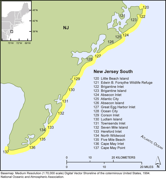 Thumbail image for Figure 8, map of the southern New Jersey shorelines, and link to full-sized figure.