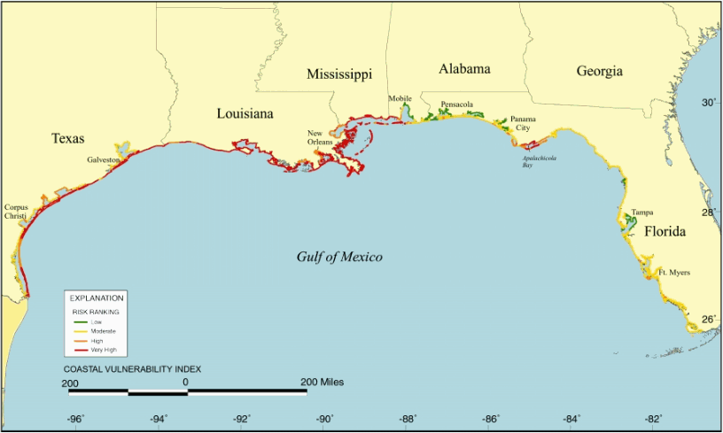 Figure 1 is a map of the CVI for the U.S. Gulf Coast as determined by Thieler and Hammar-Klose (2000b). The CVI shows the relative vulnerability of the coast to changes due to future rise in sea level. Coastal Texas, Louisiana, and Mississippi are ranked as primiarily high to very high vulnerability, whereas Alabama and Florida are primarily moderate to low vulnerability.