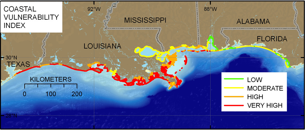 Figure 10 is a map of the Northern Gulf of Mexico CVI calculated using Dolan and others (1985) shoreline change data and sea-level rise rate from NOS/NOAA water-level gages. Texas, Louisiana, and Mississippi account for almost all of the high to very high vulnerability shoreline, while Alabama and Florida are mostly moderate to low vulnerability. 