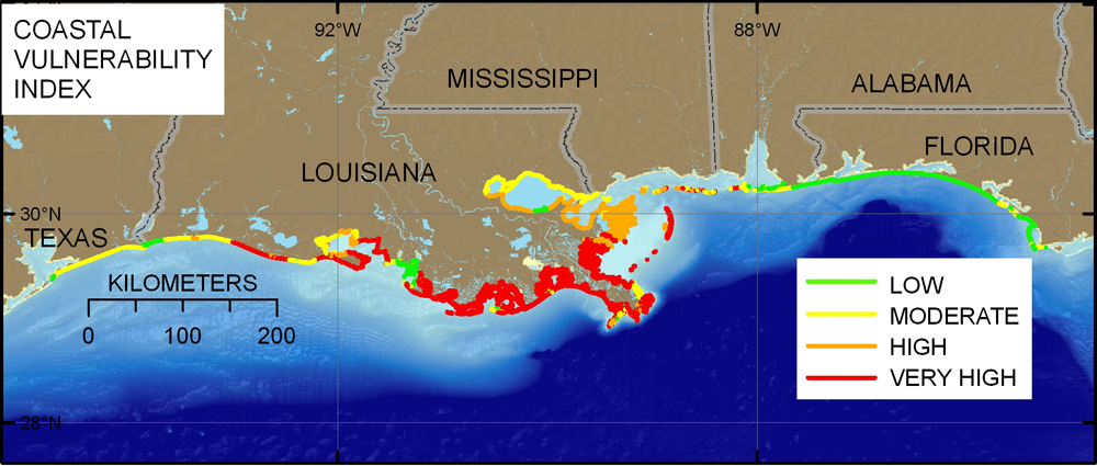 Figure 11 is a map of the updated data source CVI calculated using Miller and others (2004), and Martinez and others (2006) shoreline change data, Barras and others (2008) land-area change data, and vertical movement data from Ivins and others (2007). Louisiana and Mississippi are mostly high to very high vulnerability, whereas Texas, Alabama, and Florida are mostly moderate to low vulnerability. 