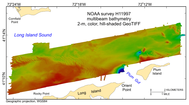 Thumbnail image of the GeoTIFF showing the 2-m color hill-shaded bathymetry collected during NOAA survey H11997 in geographic, WGS84