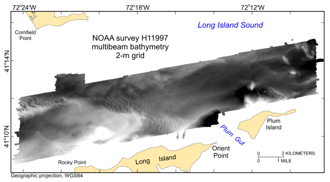 Thumbnail image showing the 2-m gridded multibeam bathymetry collected during NOAA survey H11997 in Geographic, WGS84