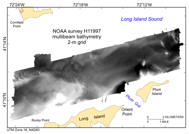 Thumbnail image showing the 2-m gridded multibeam bathymetry collected during NOAA survey H11997 in UTM Zone 18, NAD83