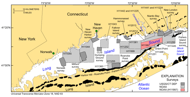 Figure 1. A map of the location of bathymetric and backscatter surveys completed in Long Island Sound.