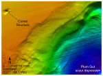 Thumbnail image of figure 16 and link to larger figure. A bathymetry image of the scour depression at the entrance to Plum Gut.