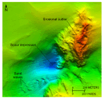 Thumbnail image of figure 17 and link to larger figure. A bathymetric image of an erosional outlier in the study area.