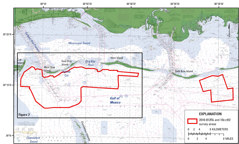 Figure 1 is a location map of the Mississippi Gulf Islands survey areas for cruise IDs 2010-012FA and 10CCT02. The black box is indicating the survey area (in red) that is the focus of this report.   