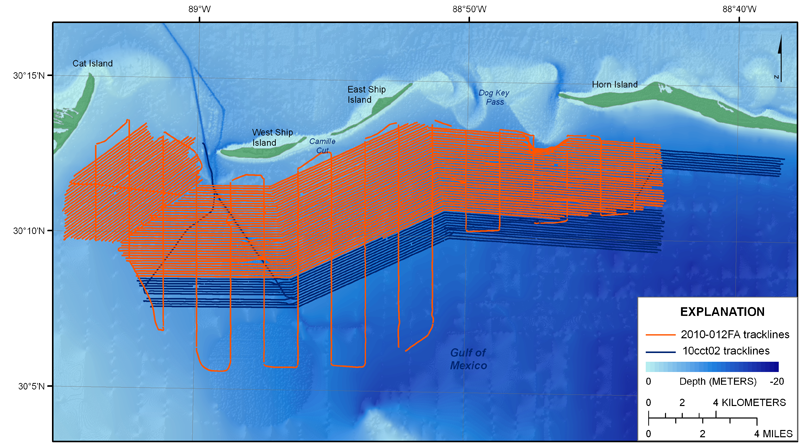 Figure 2 is showimgn the R/V Tommy Munro western survey area stretching from Cat Island to western Horn Island. The black lines are indicating geophysical survey tracklines.