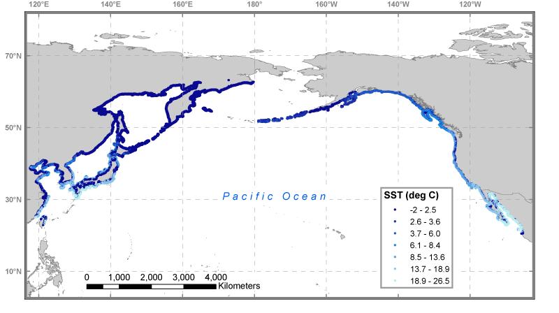 Figure 2, map of sea surface temperature along the coastlines in the northern Pacific ocean.