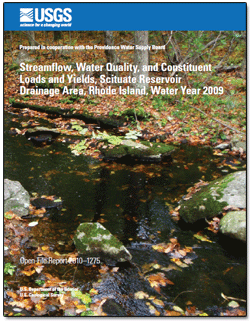 Thumbnail of front cover and link to report - Streamflow, Water Quality, and Constituent Loads and Yields, Scituate Reservoir Drainage Area, Rhode Island, Water Year 2009 (3.09 MB)