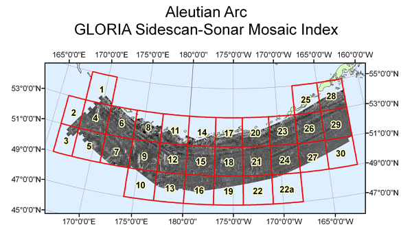 U.S. EEZ Aleutian Arc area GLORIA mosaic index map.