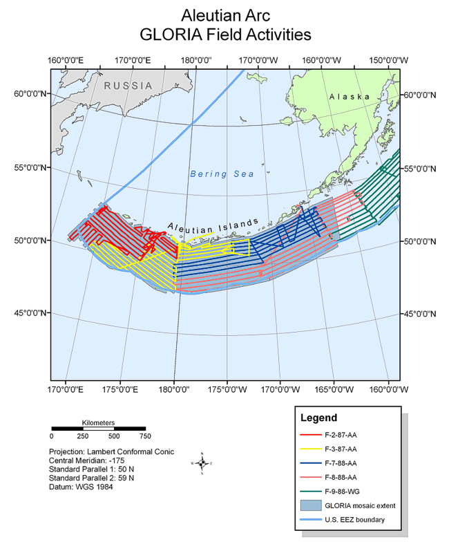 Map showing field activities for GLORIA sidescan-sonar data collection in the U.S. EEZ Aleutian Arc area.
